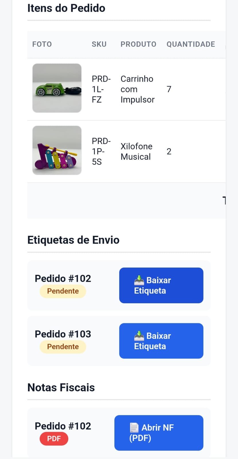 Screenshot de pedidos do marketplace