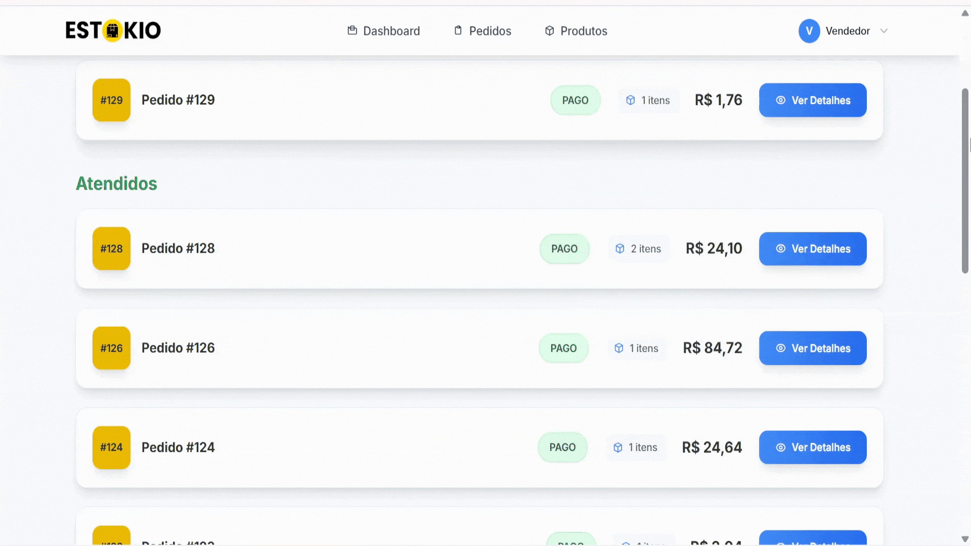 Animação GIF mostrando a tela cheia de pedidos confirmados